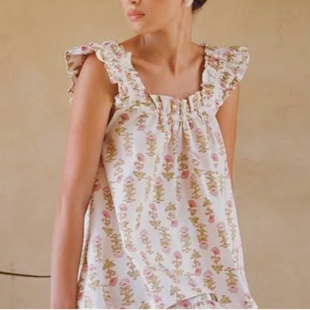 Piyama Nicolette Sleep top only Cotton Lotus Flower pink green size small